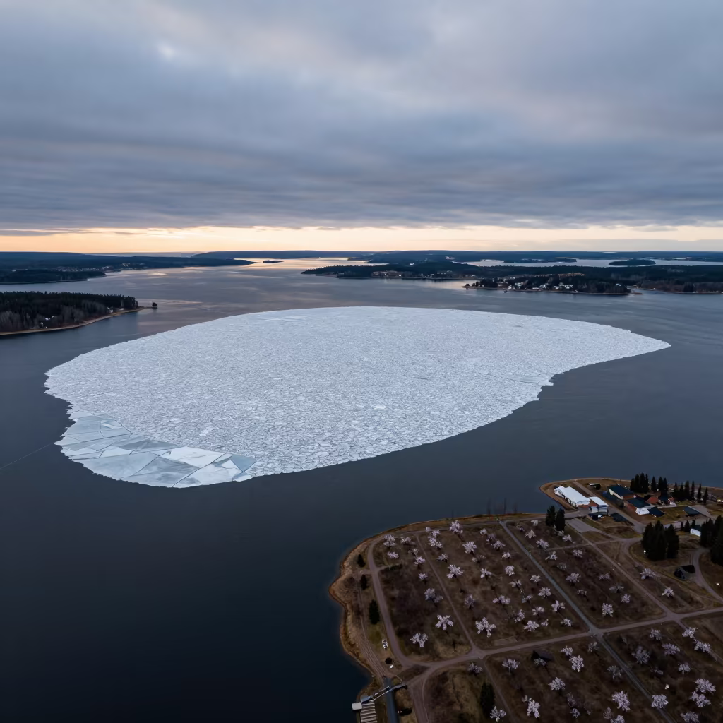 Drone View of Ice Floes Drifting at Arctic Sunset in far above orchard blocks and irrigation lines near Helsinki