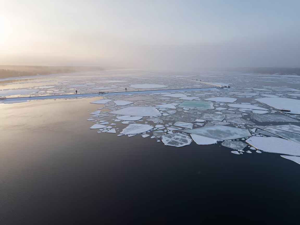 Drone View Ice Floes Yellowknife Dawn in high above irrigation geometry near Yellowknife