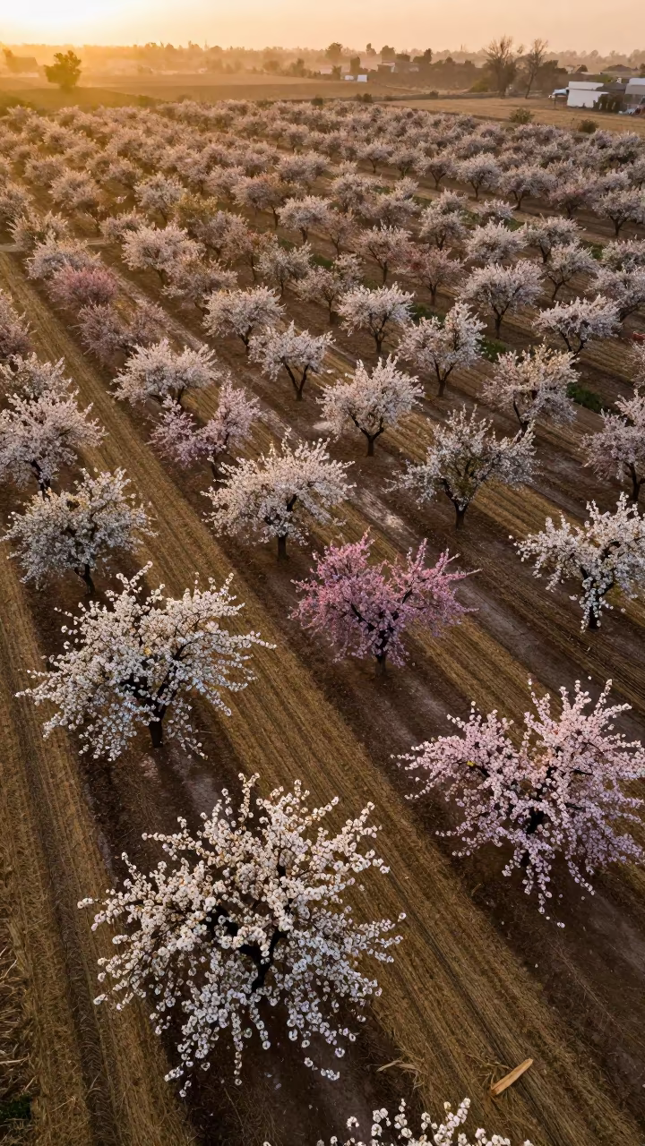 Drone View Orchard Bloom Over Harvested Fields in across a harvested grain field near Islamabad