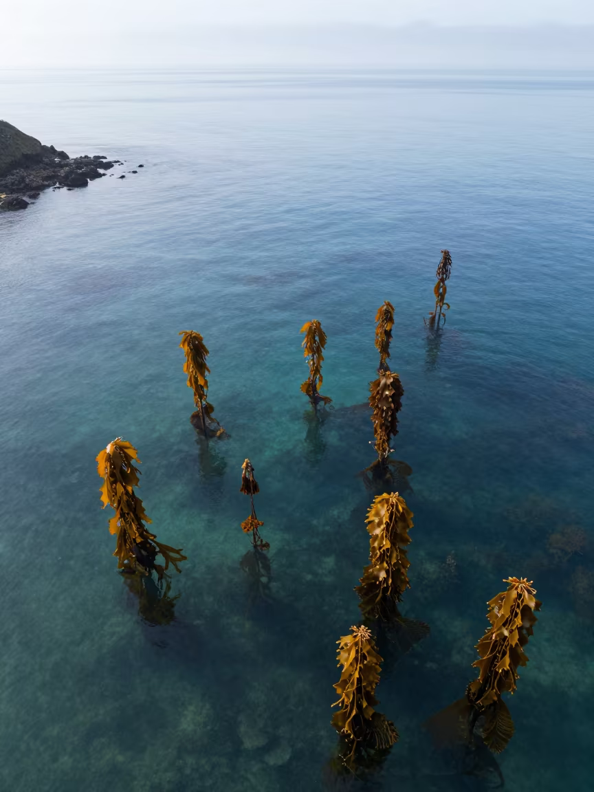 Drone View Oregon Kelp Forest Clear Ocean in through kelp fronds beside a rocky shelf in Oregon