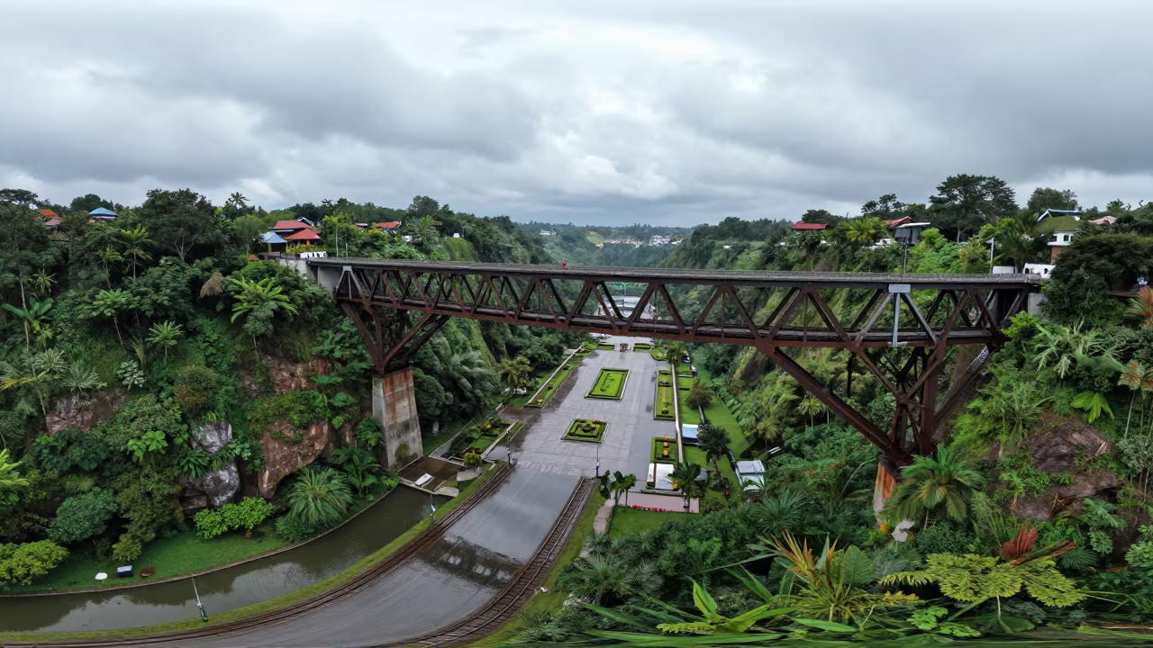 Drone View of Railroad Bridge Over Indonesian Gorge in across a formal civic plaza in Indonesia