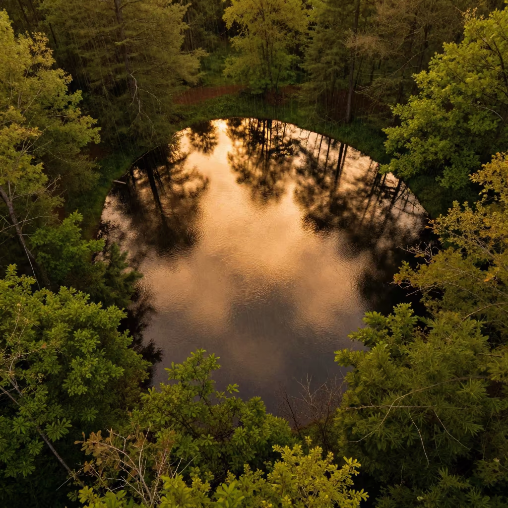 Drone View of Spring Forest Pond Reflections at Sunset in far above surf-scalloped coastline near Rhodes