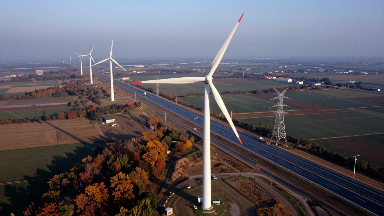 Drone View Wind Farm Motorway Hunan Autumn in beneath transmission towers in Hunan