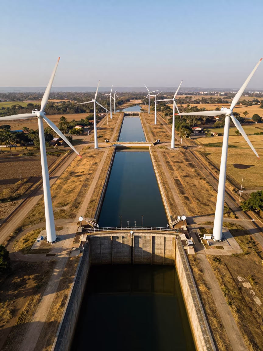 Drone View of Wind Turbines Over Canal Lock in at a canal lock chamber in Antananarivo
