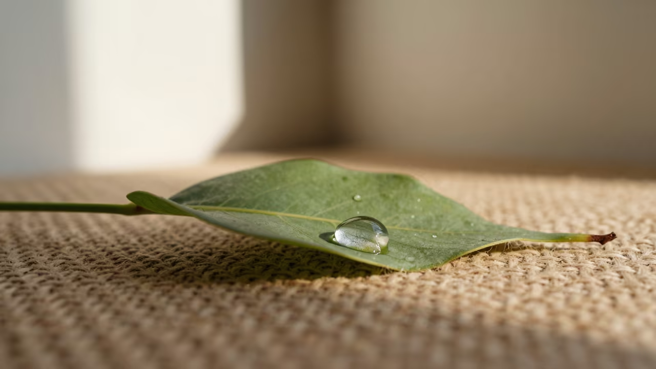 Droplet Lens on Leaf Vein Linen in against woven linen fibers near Villa Nueva