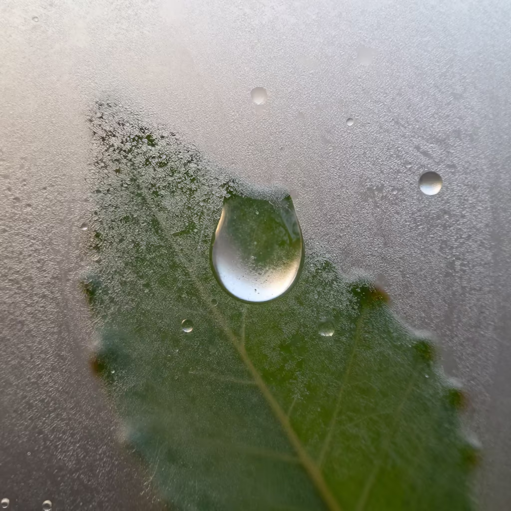 Droplet Lens Magnifies Leaf Veins on Frosty Window in along a frost-edged windowpane in Detroit