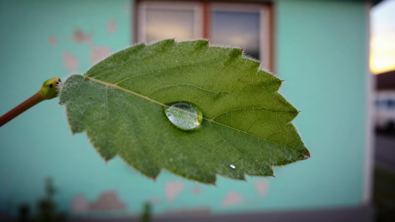 Droplet Lens Magnifies Leaf Veins Turquoise Paint in against weathered turquoise paint near Charleston