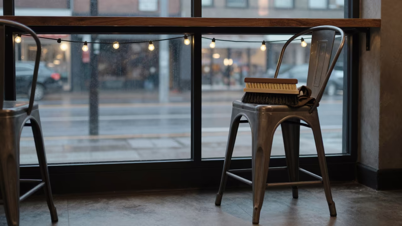 Drum Brush on Cafe Chair Near Valera Window in on a cafe table by a window near Valera
