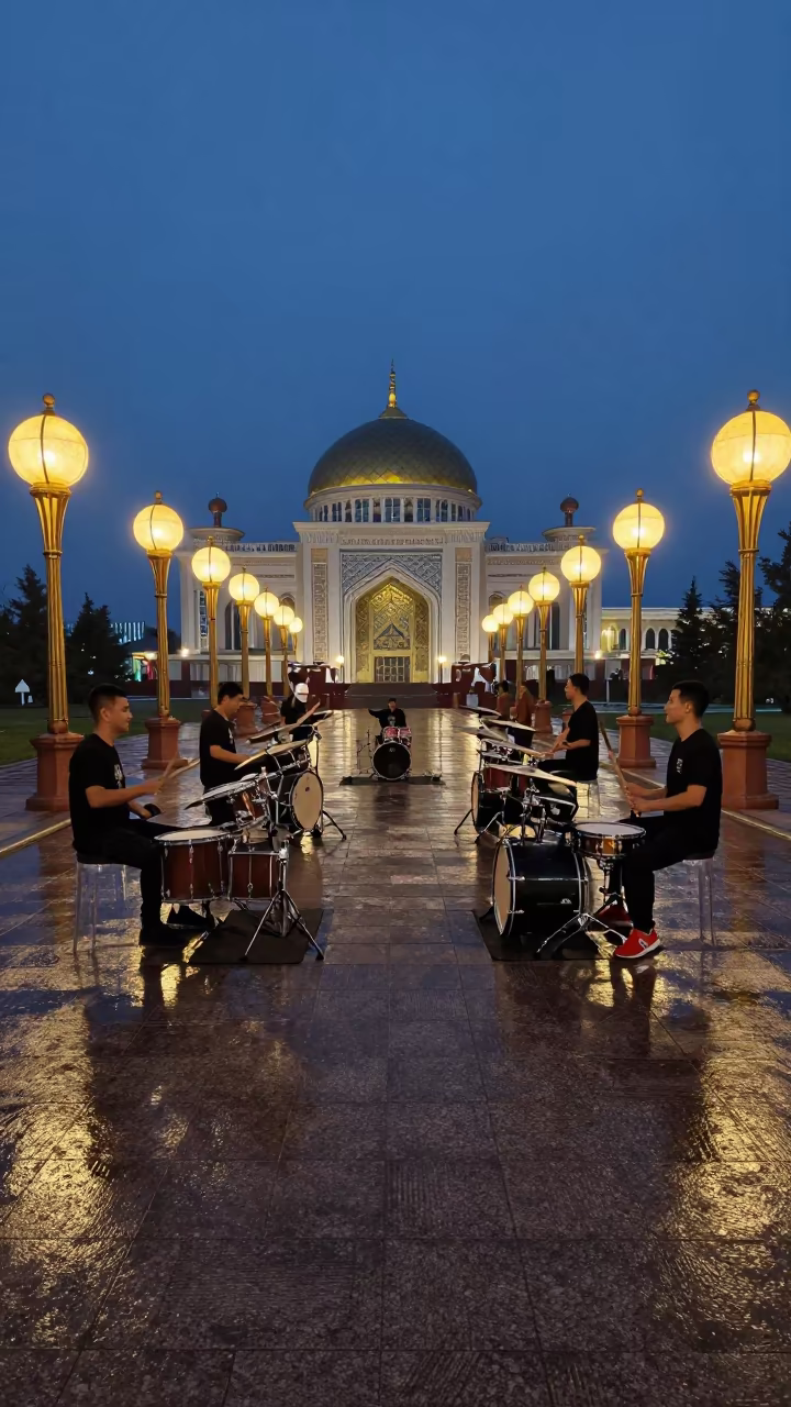 Drum Circle Warmup in Astana Shrine in in a shrine lined with lanterns near Astana