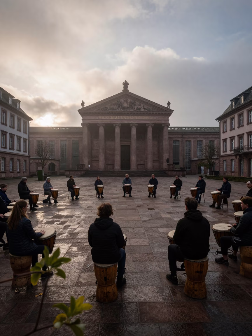 Drum Circle Warmup Dawn Temple Strasbourg in in a temple courtyard in Strasbourg