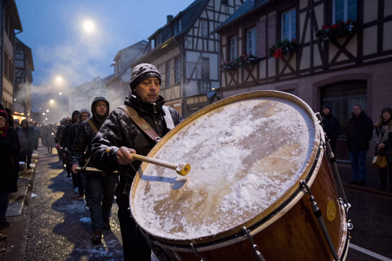 Drum in Colmar Predawn Smoke and Fireworks in at a festival street procession in Colmar
