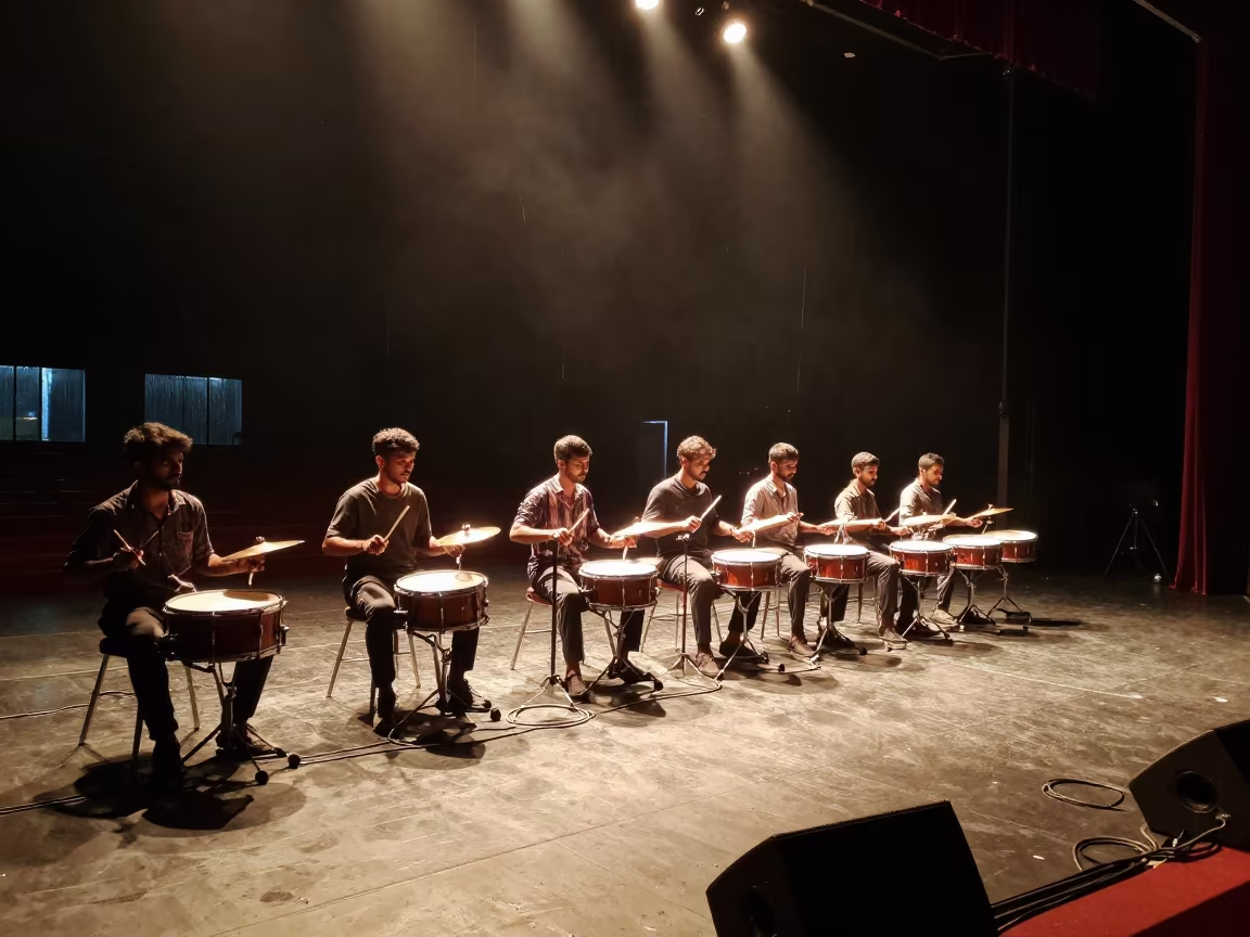 Drum Line Rehearsal on Kollam Theater Stage in on a theater stage in Kollam