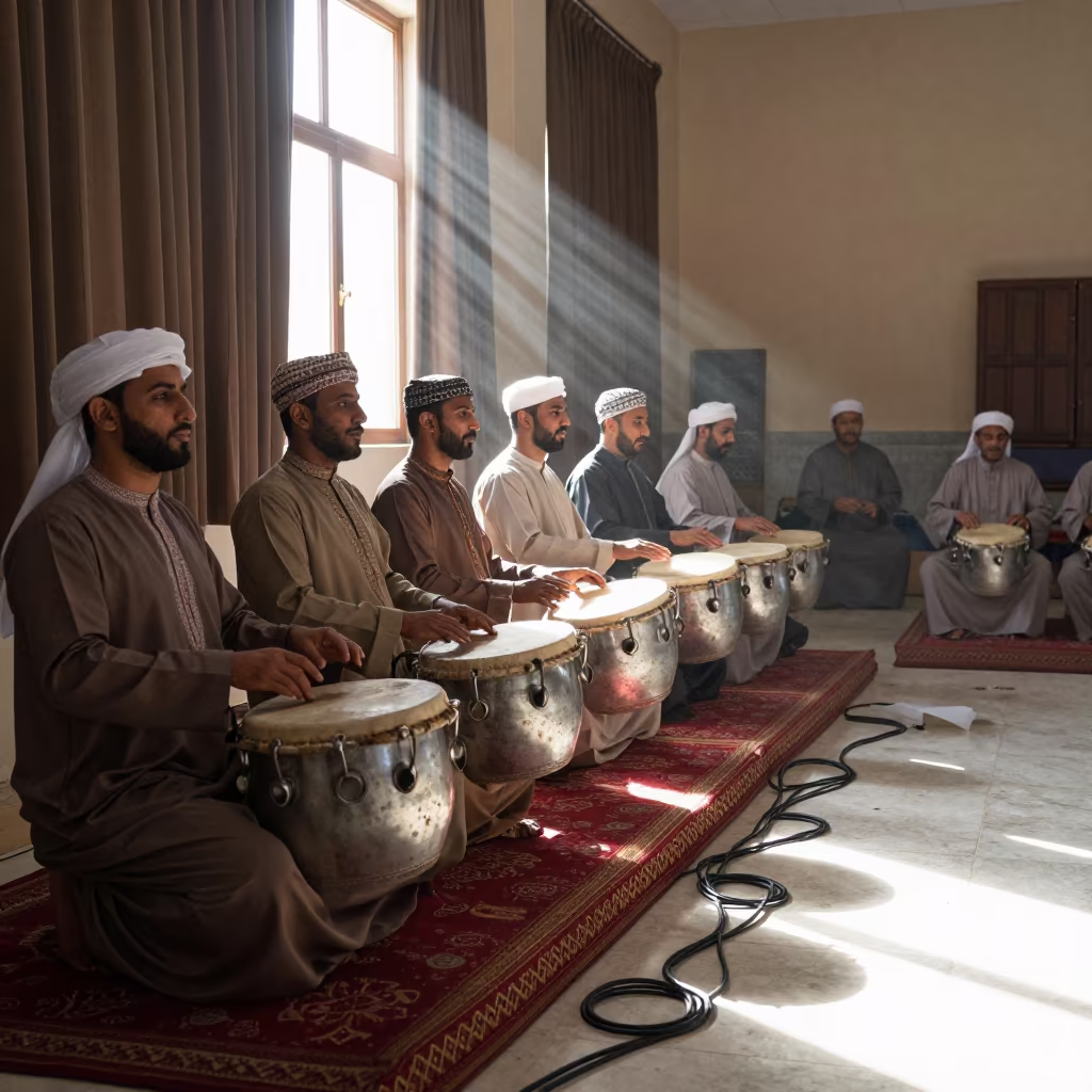 Drum Line Soundcheck in Sana'a Rehearsal Room in in a rehearsal room in Sana'a