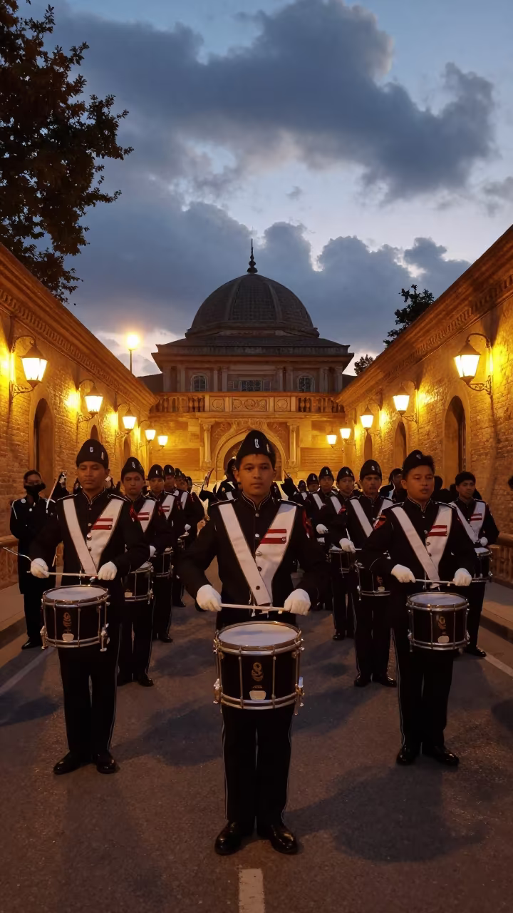 Drum Major Leads Band Before Dawn in Belbis Shrine in in a shrine lined with lanterns in Belbis
