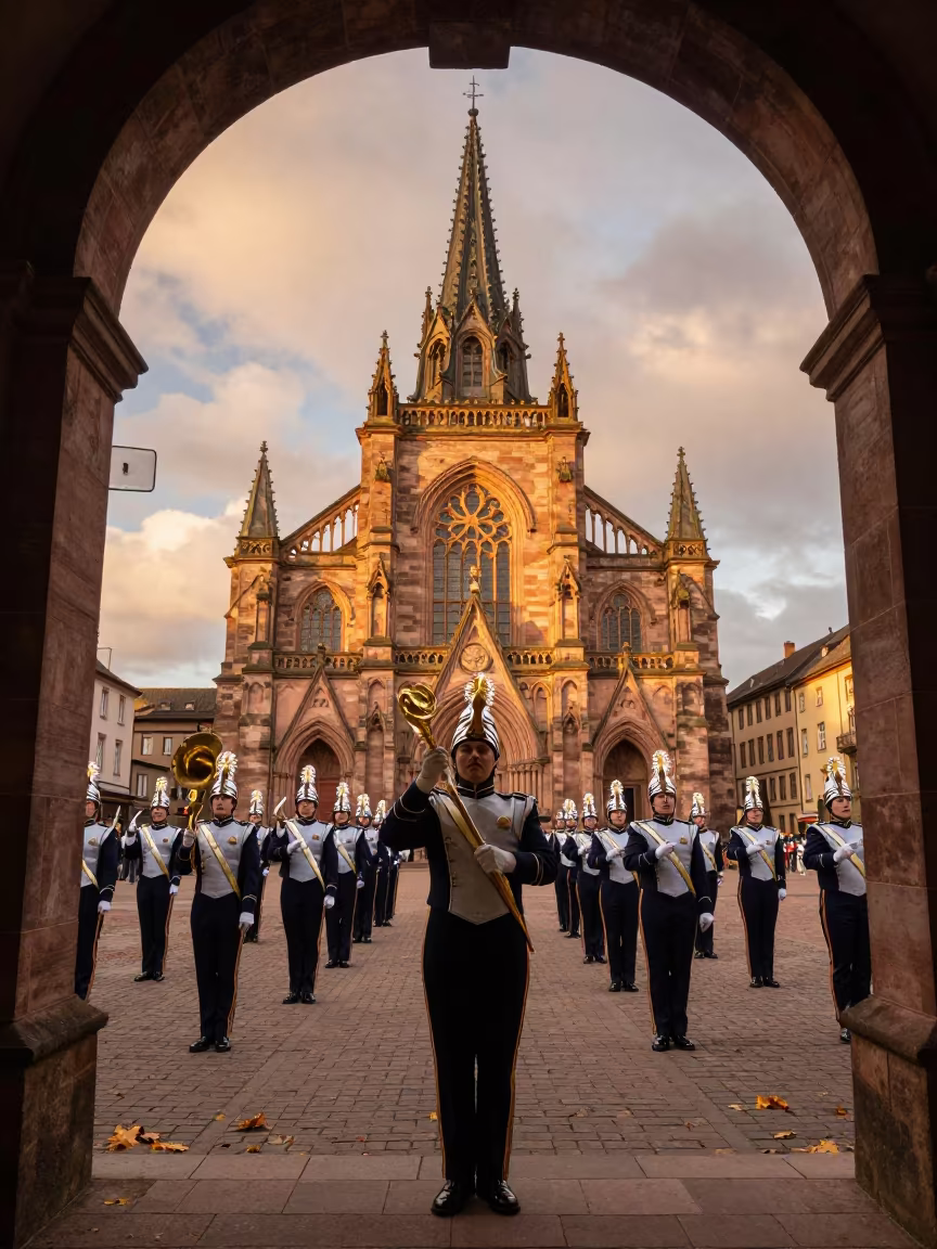 Drum Major Leading Band in Colmar Temple Courtyard in in a temple courtyard in Colmar