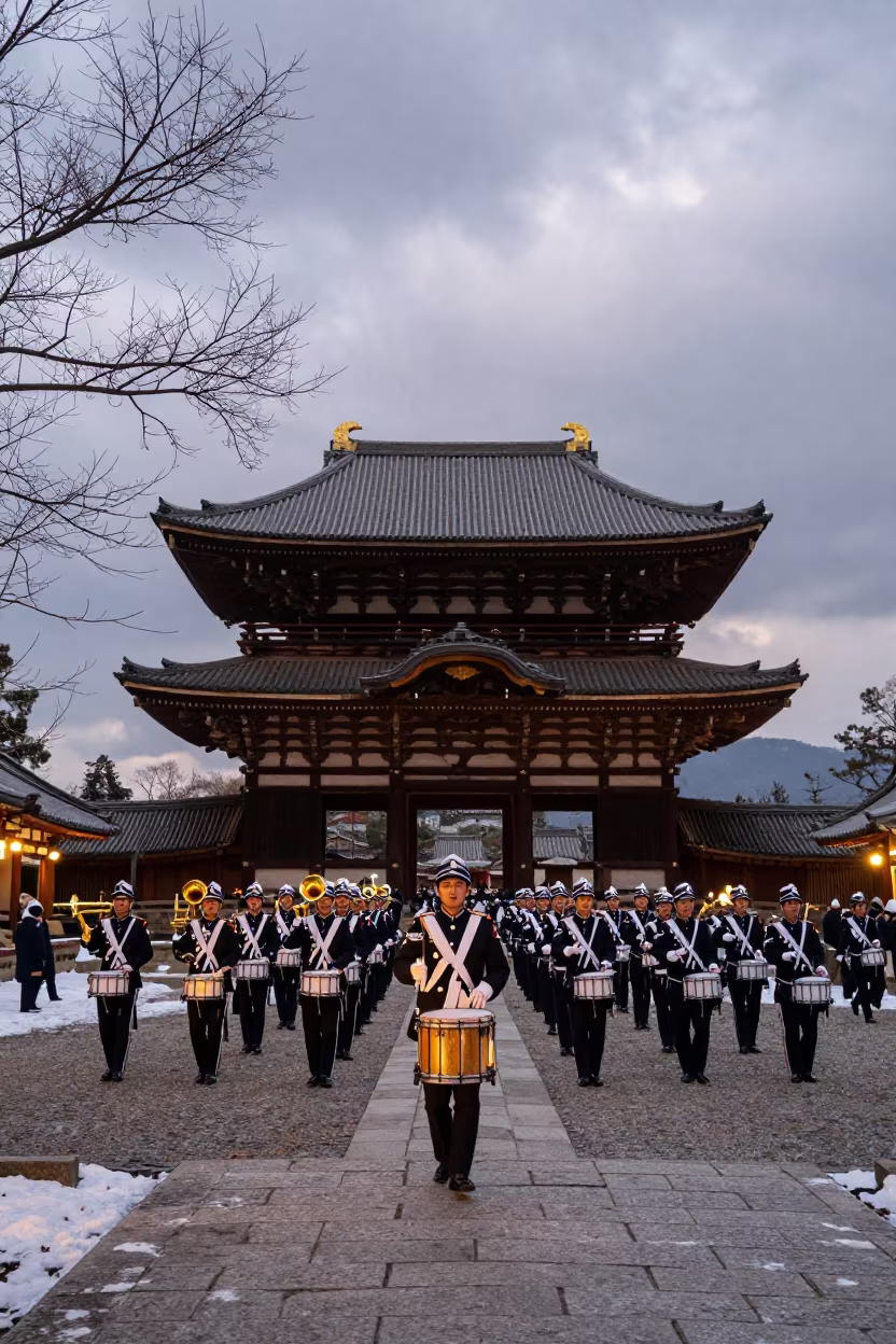 Drum Major Leads Band in Nara Temple Courtyard in in a temple courtyard in Nara