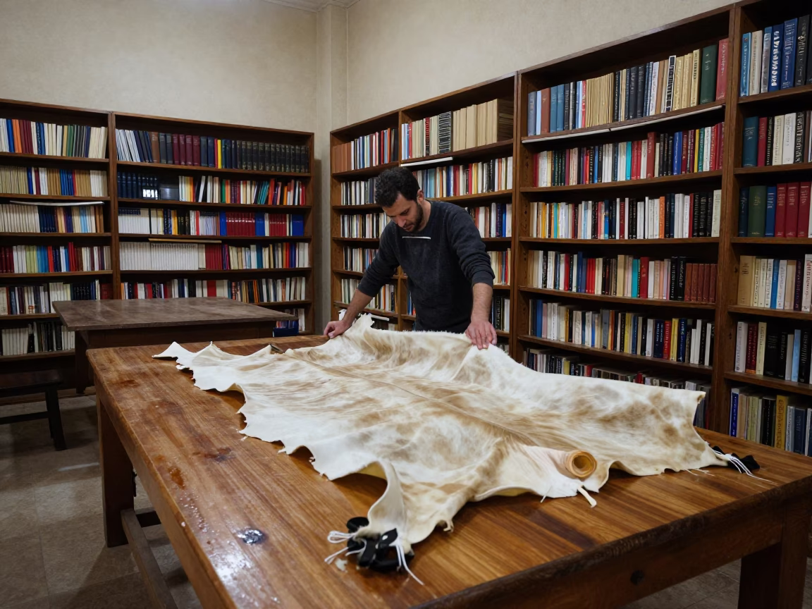 Drum Maker Stretches Hide in Beirut Library in in a library reading room in Beirut