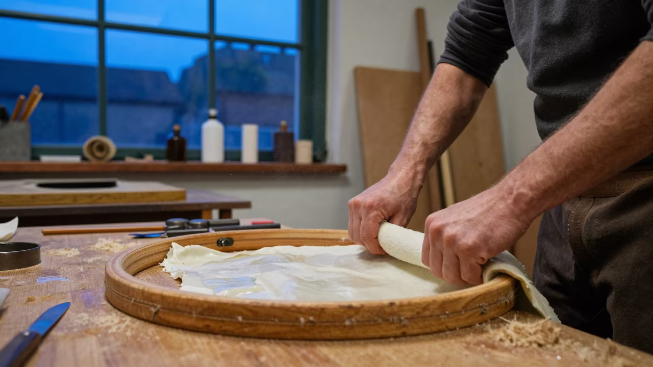 Drum Maker Stretches Hide in Cardiff Twilight in in a workshop in Cardiff