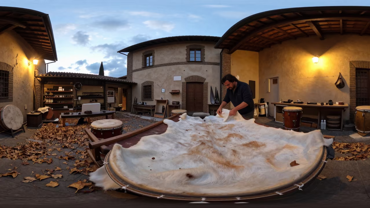Drum Maker Stretches Hide in Florence Workshop in in a workshop in Santa Croce, Florence
