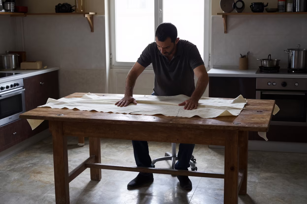 Drum Maker Stretches Hide in Haifa Kitchen in in a kitchen in Haifa