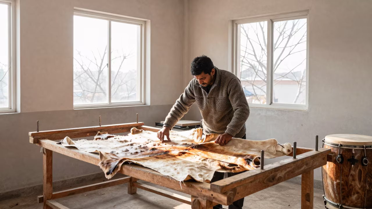 Drum Maker Stretches Hide in Kanpur Winter in in an atelier in Kanpur