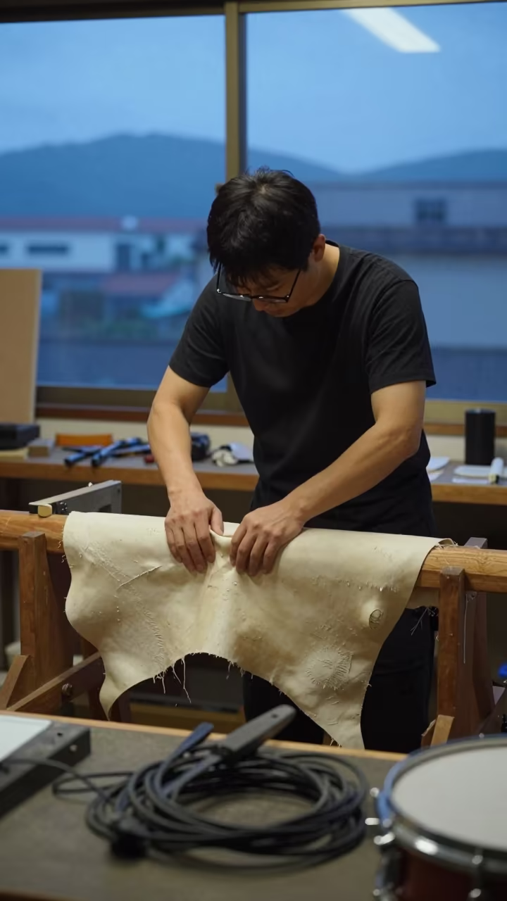 Drum Maker Stretches Hide in Kobe Twilight in in a rehearsal room in Kobe