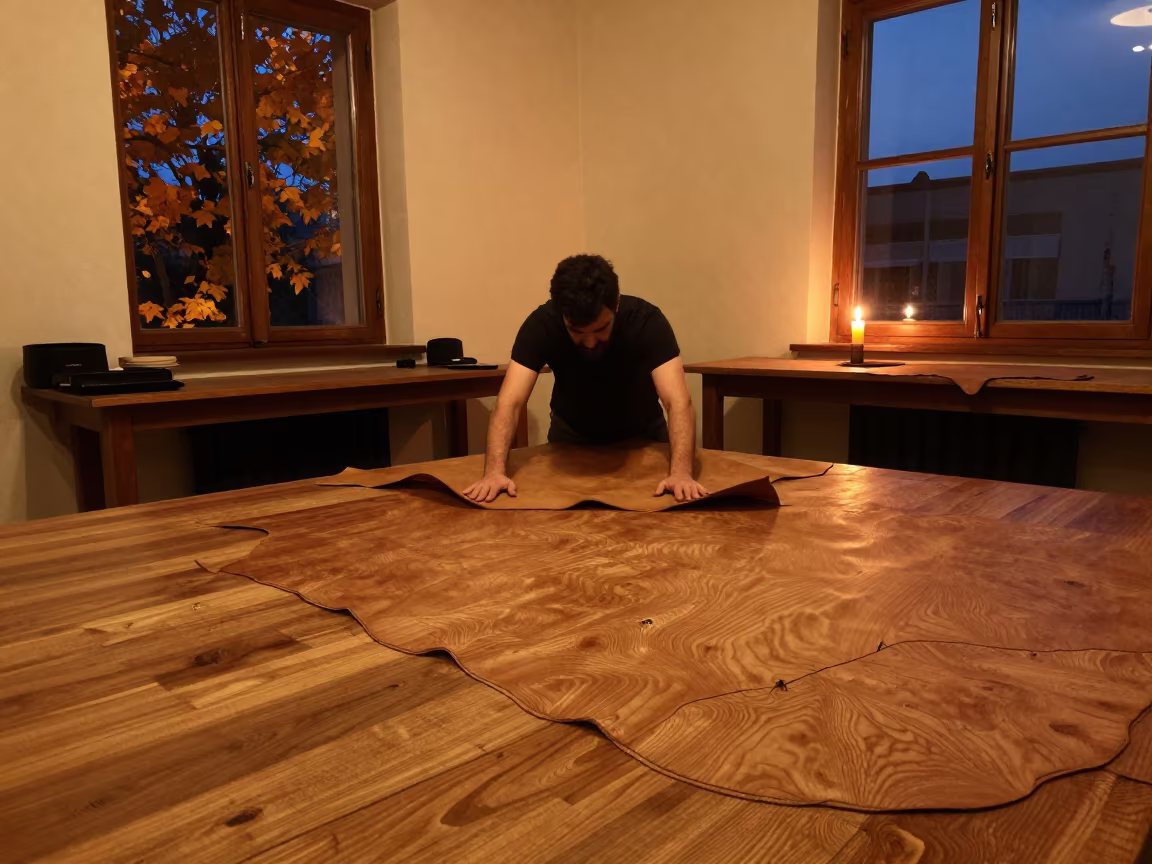 Drum Maker Stretches Hide in Mersin Rehearsal Room in in a rehearsal room in Mersin