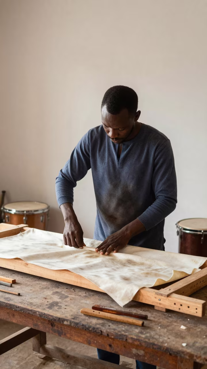 Drum Maker Stretches Hide in Yola Atelier in in an atelier in Yola