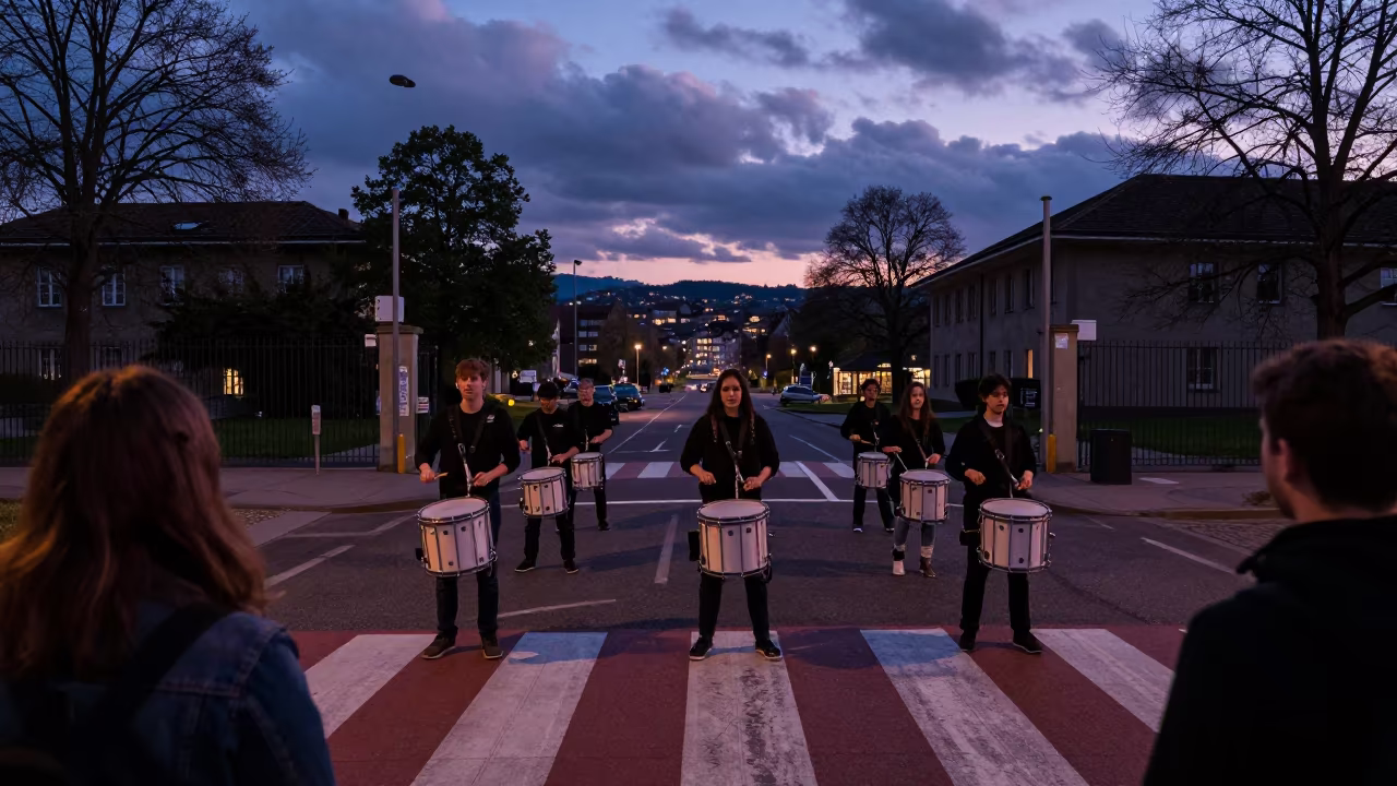 Drumline Protest at Geneva School Gate Twilight in at a crosswalk by a school gate in Geneva