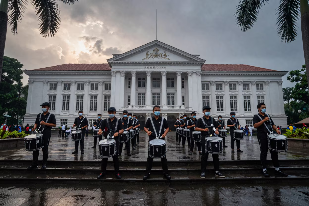 Drumline Protest on Jakarta City Hall Steps in on the steps of city hall in Senopati, Jakarta