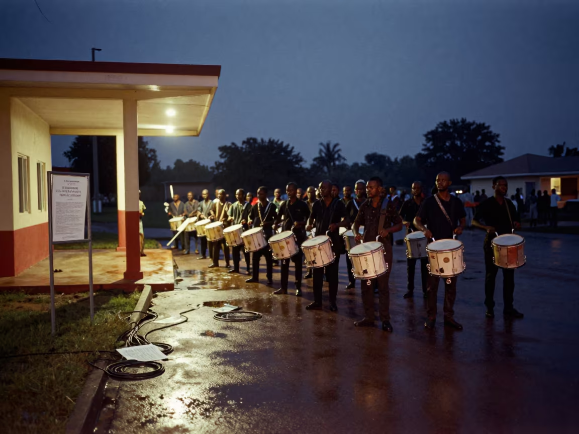 Drumline Protest Under Starlight at Polling Station in outside a polling station entrance near Keur Massar Nord