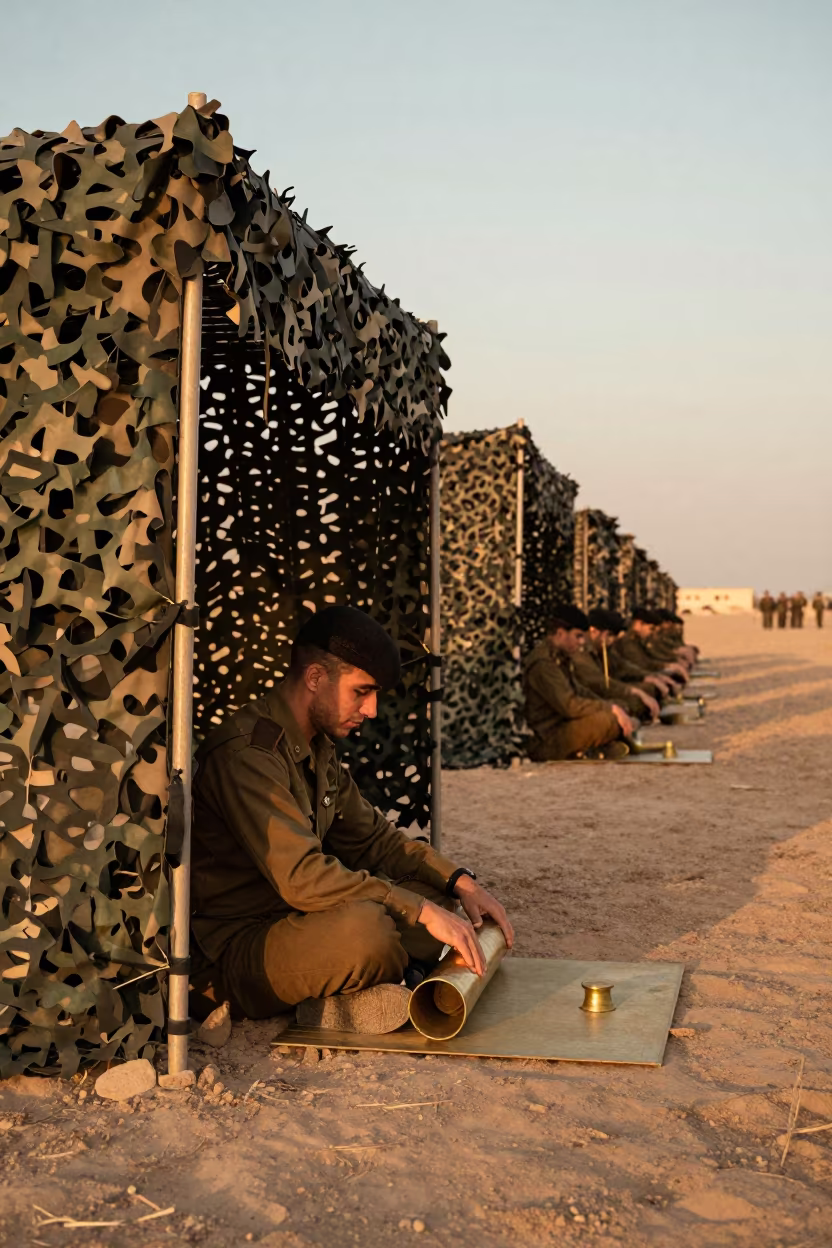 Drummer Rolling Press Roll at Sunset in beneath a camouflage net shelter near Al-Hajar al-Aswad