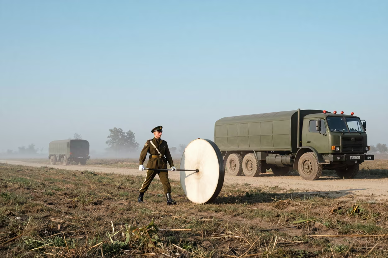 Drummer Rolls Press Roll Parade Convoy Halt in beside a convoy halt on open ground near Gellert, Budapest