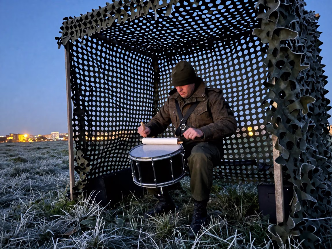 Drummer Rolls Press Roll Under Camo Net in Winter in beneath a camouflage net shelter in Catalonia