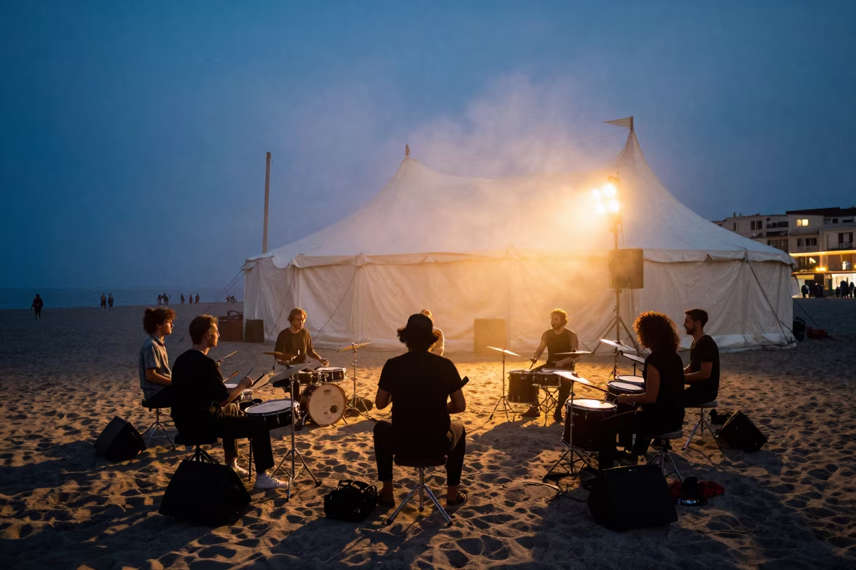 Drummers Perform Under Tent on Naples Beach in under a circus tent in Naples