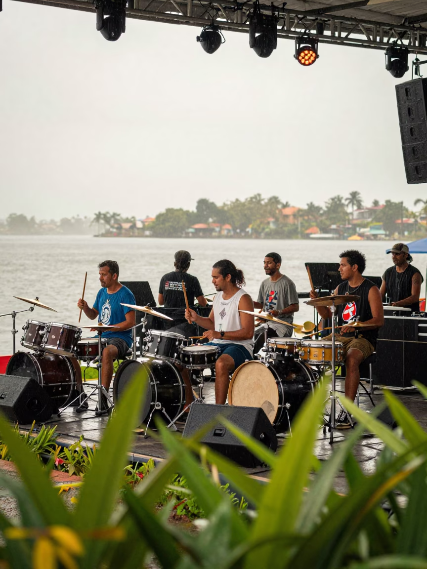 Drummers Warm Up Behind Stage in at a waterfront celebration near Encarnacion