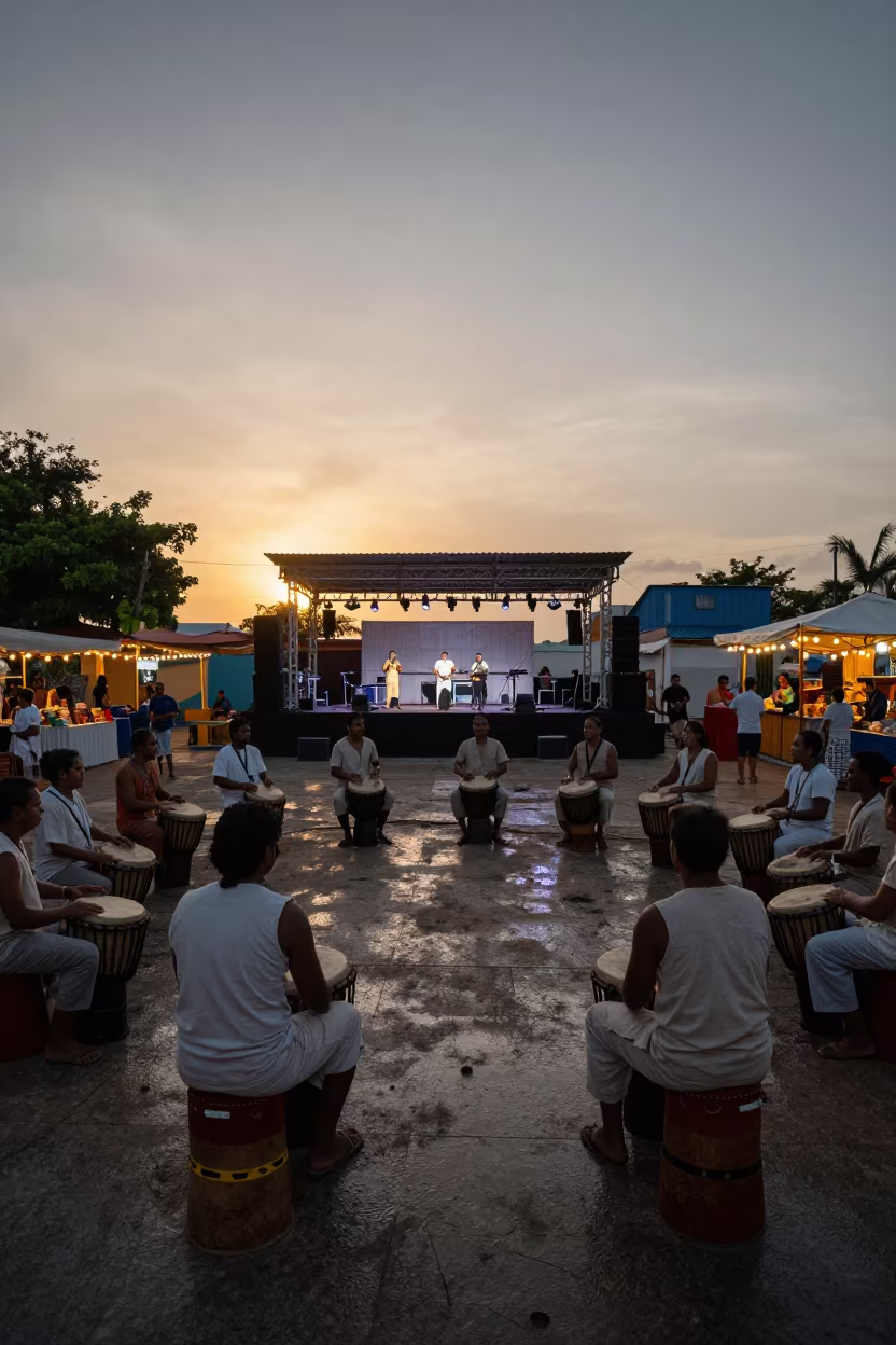 Drummers Warm Up at Santa Marta Night Market in at a night market in Santa Marta