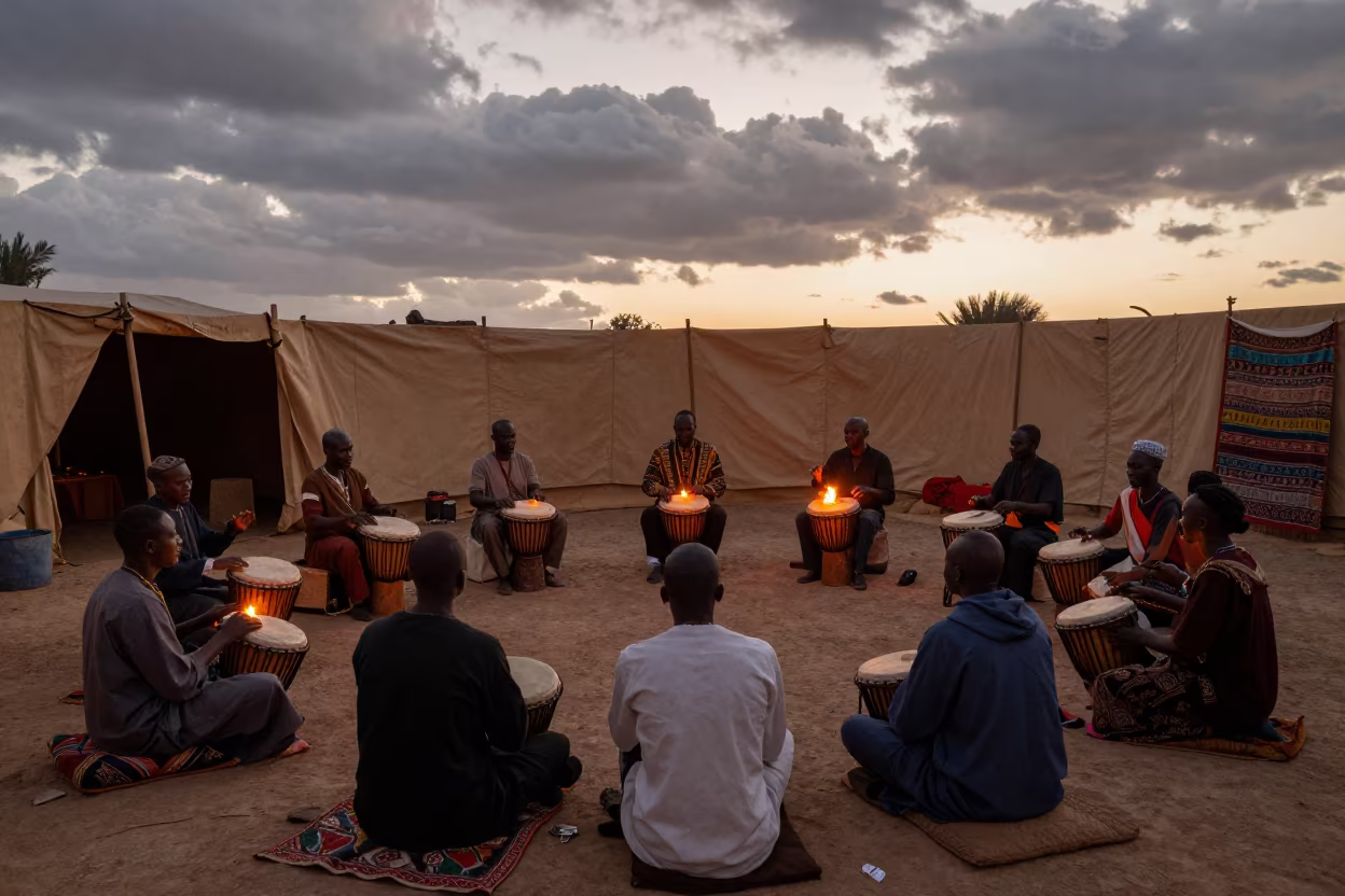 Drumming Circle Ceremony Under Circus Tent at Sunset in under a circus tent in Taza