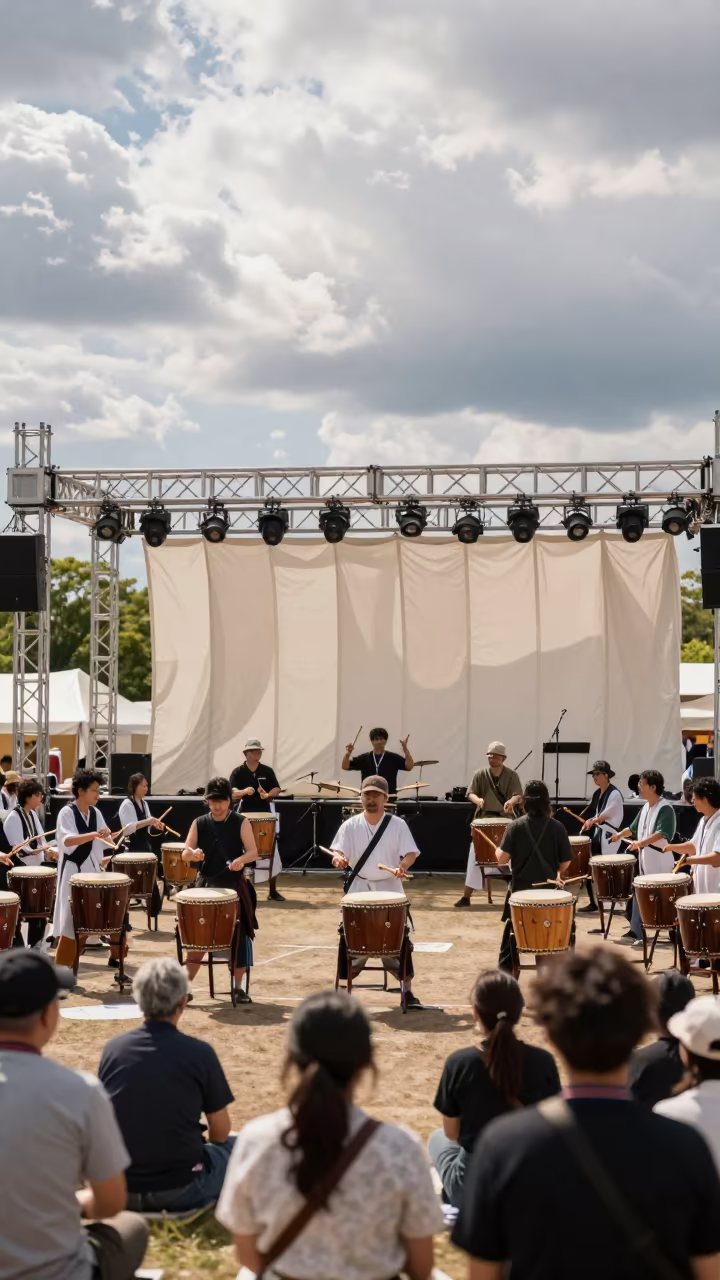 Drumming Circle Performance on Moonlit Beach Stage in on a festival main stage in Osaka
