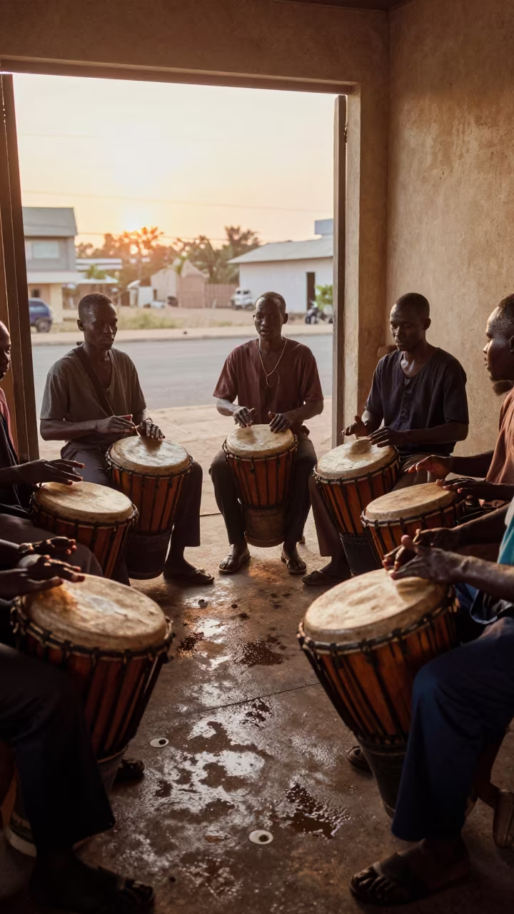 Drumming Circle Rehearsal at Golden Sunset in in a rehearsal room in Conakry