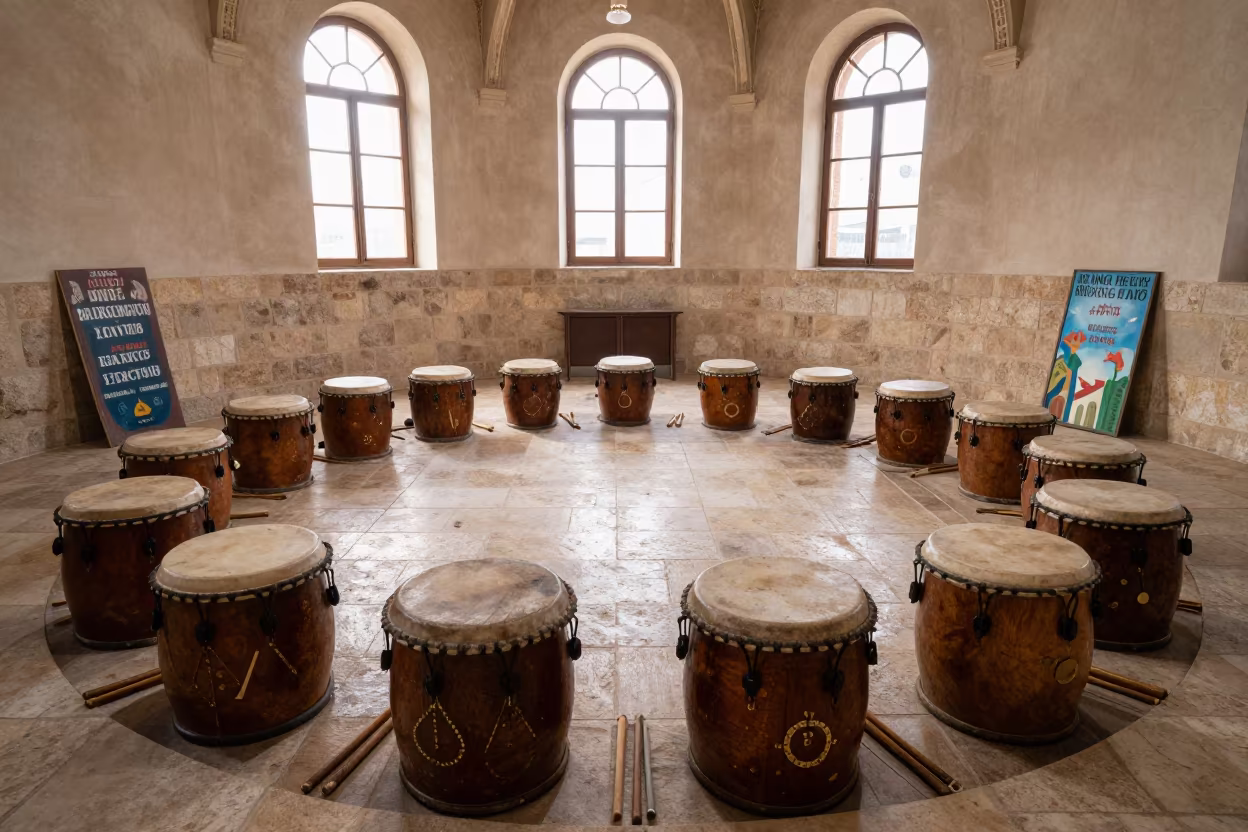 Drumming Circle Warmup Nicosia Dawn Hall in in a ceremonial hall in Nicosia
