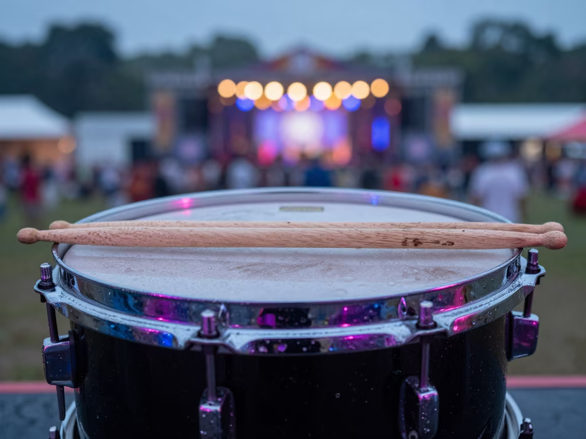 Drumsticks on Snare Before Dawn in on a festival main stage in Sumbawanga
