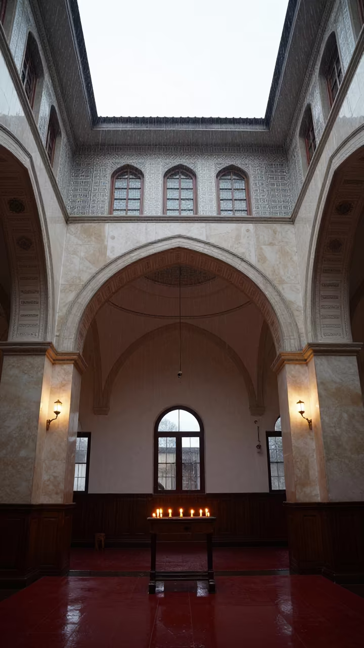 Druze Prayer House Interior with Geometric Tiles in inside a candlelit nave in Nanning