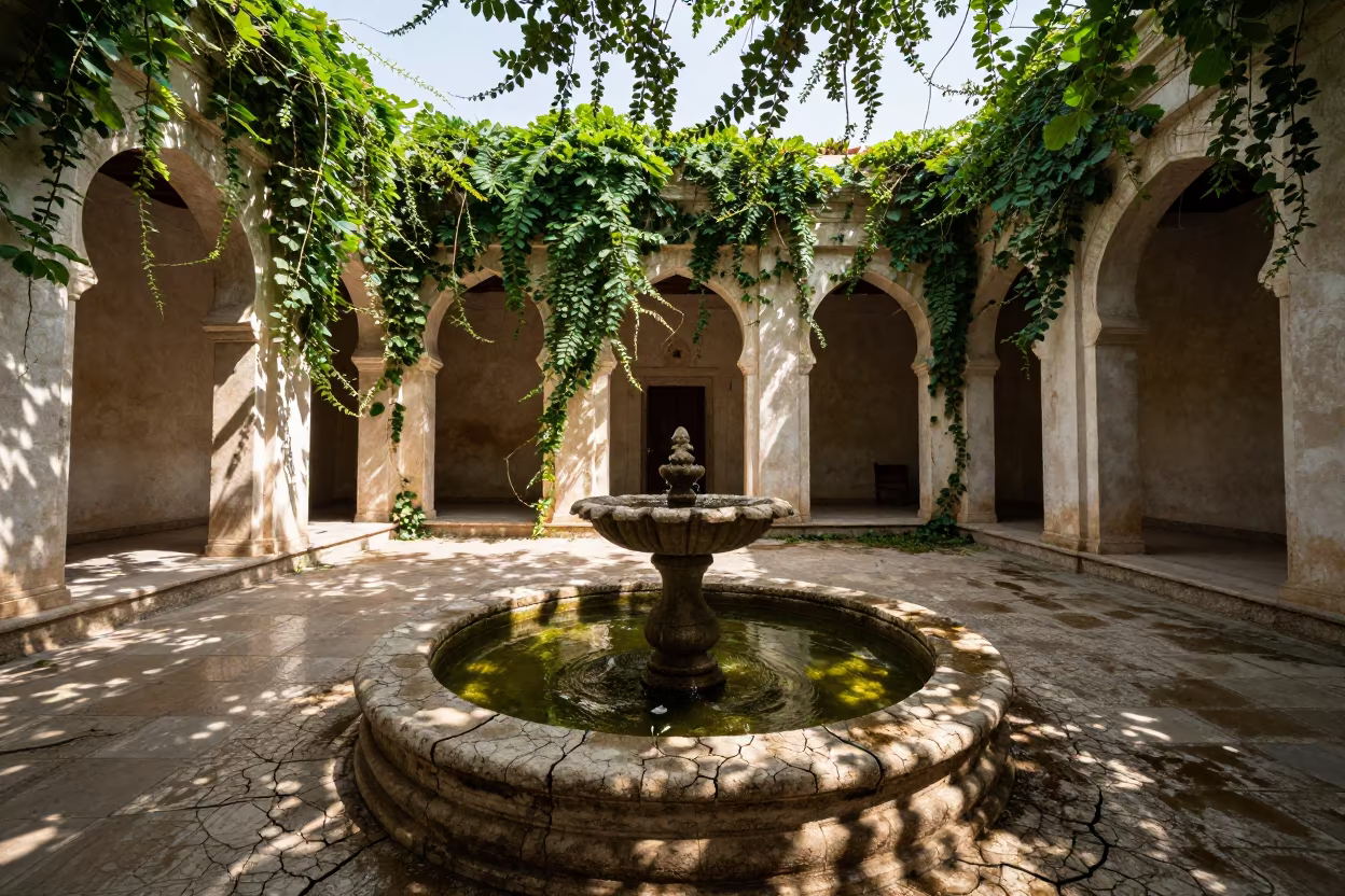 Dry Cracked Fountain in Bahrain Vine Corridor in along a vine-choked corridor in Bahrain