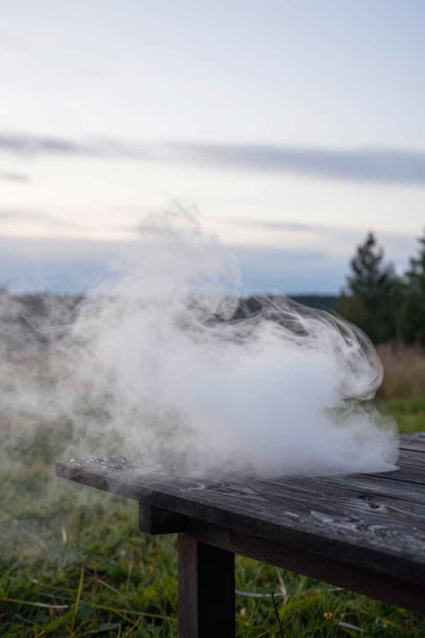 Dry Ice Fog Drifting Over Table Edge in beneath fast-moving cloud bands in Sweden