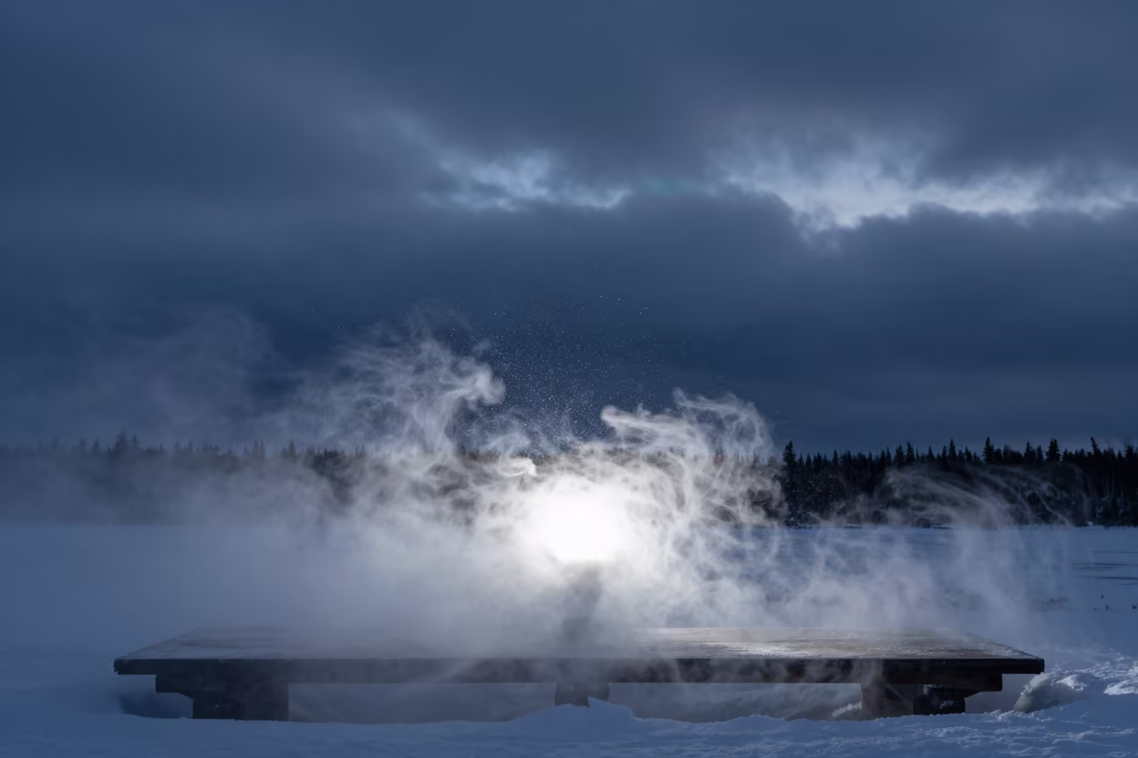 Dry Ice Fog Over Thunderheads in Polar Night in over a horizon of stacked thunderheads in Canada