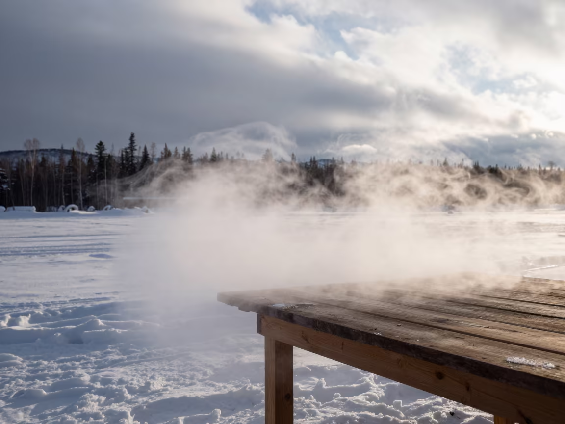 Dry Ice Fog Rolling Over Table Edge in Winter in near Yellowknife