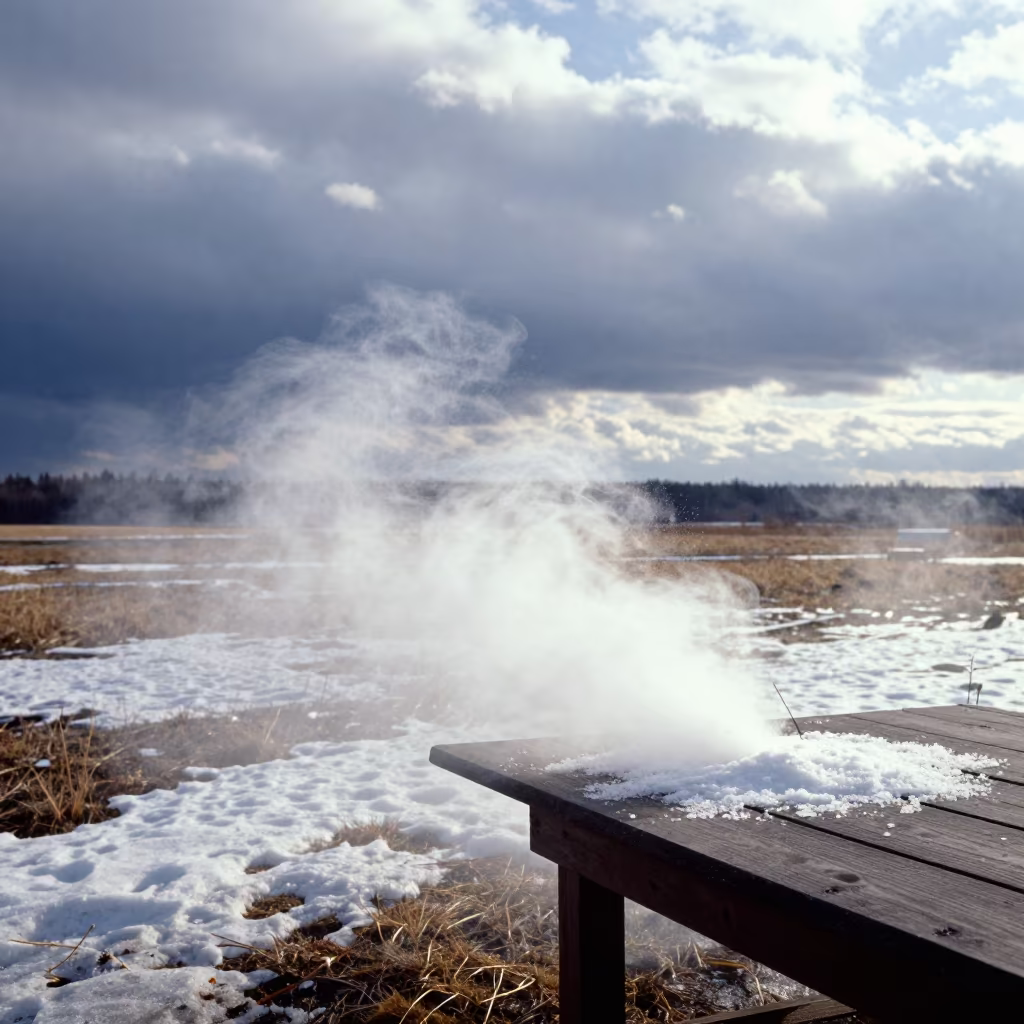 Dry Ice Fog Spilling Over Table Edge in over a horizon of stacked thunderheads near Helsinki