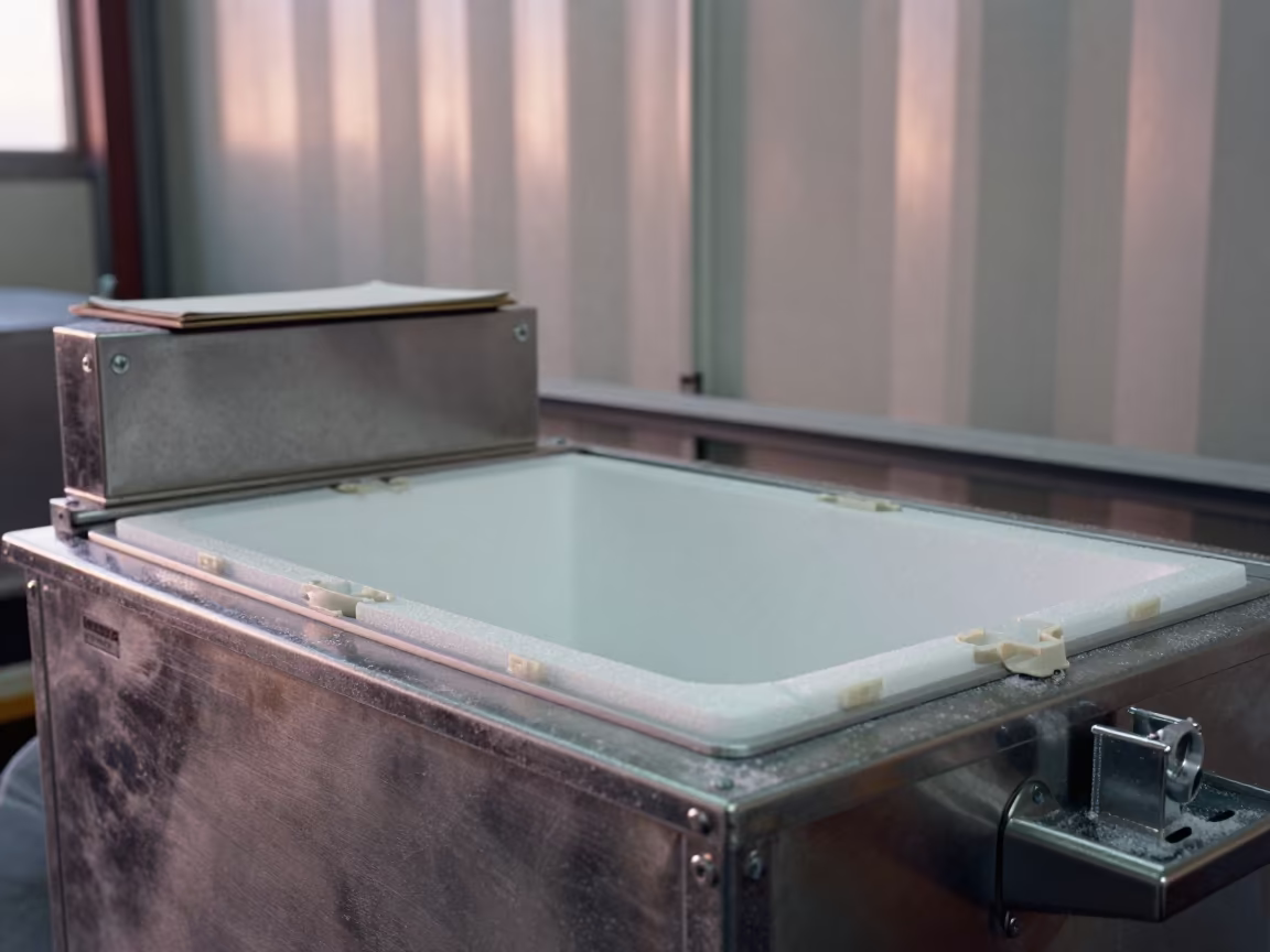 Dry Ice Scoop Station Dawn Light Marseille Warehouse in at a parcel sorting belt in Marseille