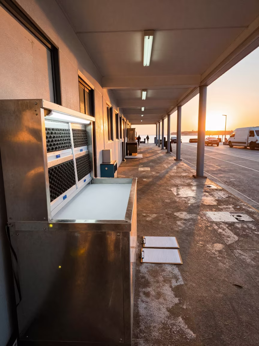 Dry Ice Scoop Station Golden Hour Dispatch in inside a dispatch office above the dock in Tel Aviv
